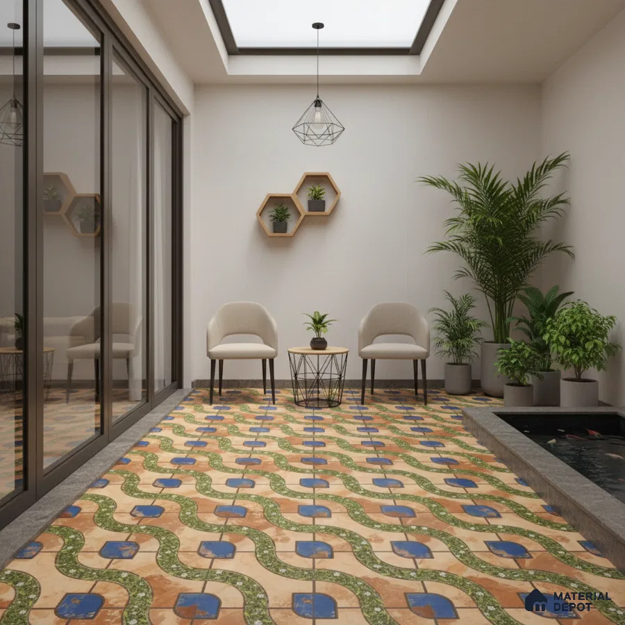 Modern balcony with multicolor patterned floor tiles and indoor planters