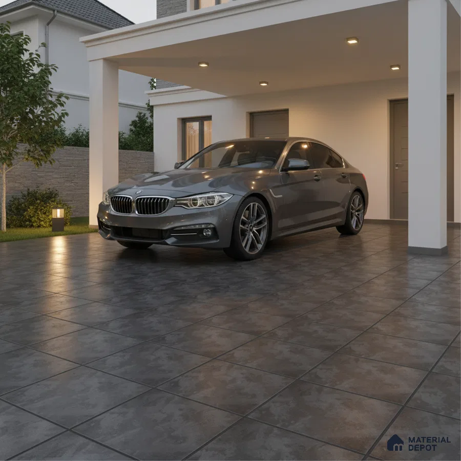 Modern parking area with charcoal grey matte stone-look floor tiles