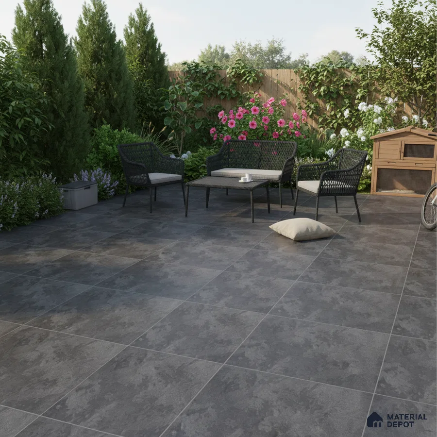 Modern outdoor patio with charcoal grey stone-look floor tiles and black wicker furniture