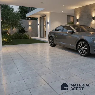 Modern parking with light grey matte floor tiles and stone cladding accent wall
