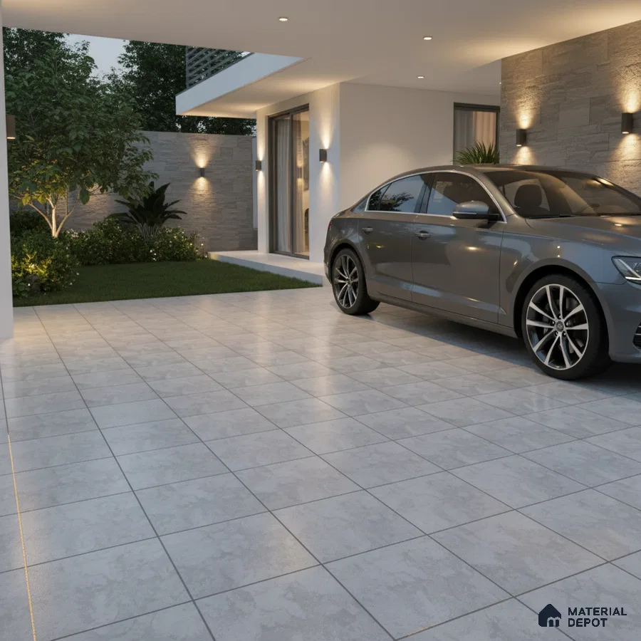 Modern parking with light grey matte floor tiles and stone cladding accent wall