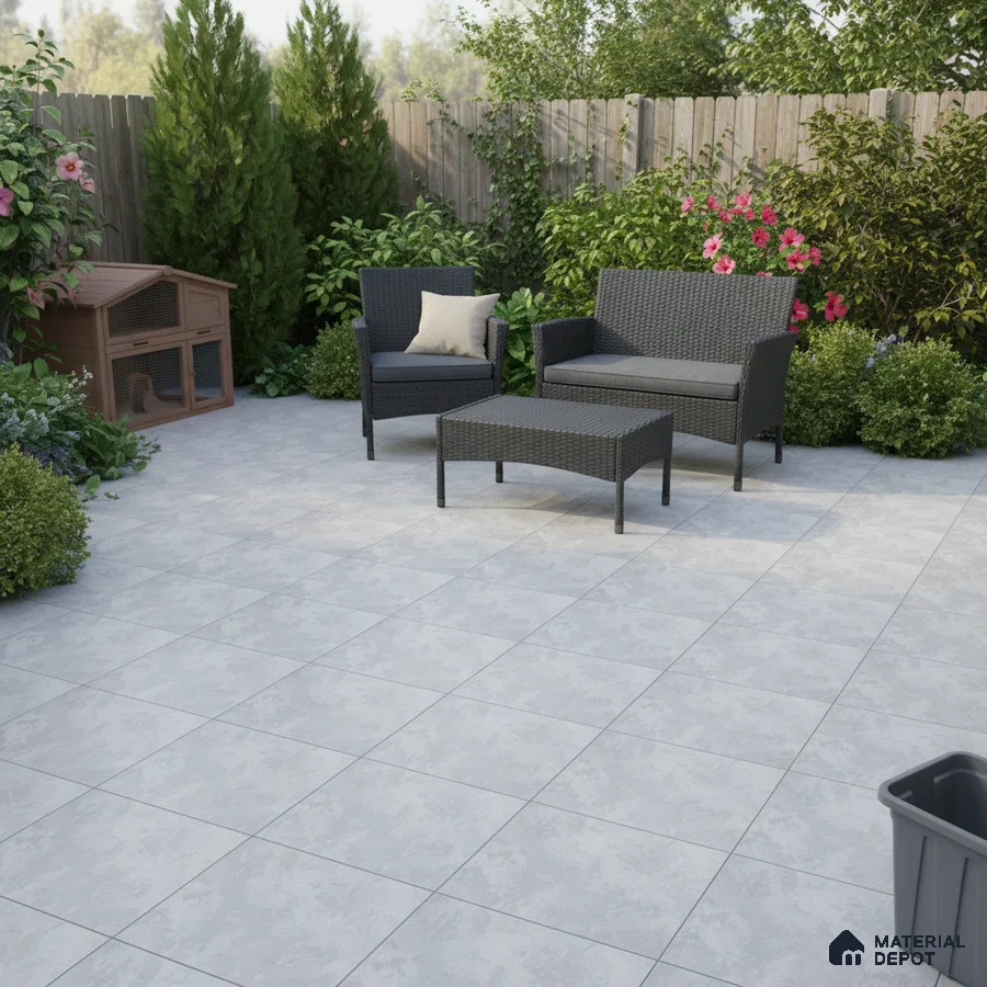 Modern outdoor patio with light grey stone-look floor tiles and rattan furniture