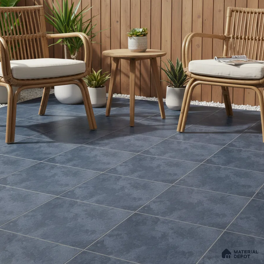 Scandinavian outdoor seating with blue floor tiles and natural wood cladding