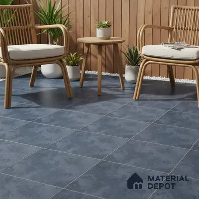 Scandinavian outdoor seating with blue floor tiles and natural wood cladding