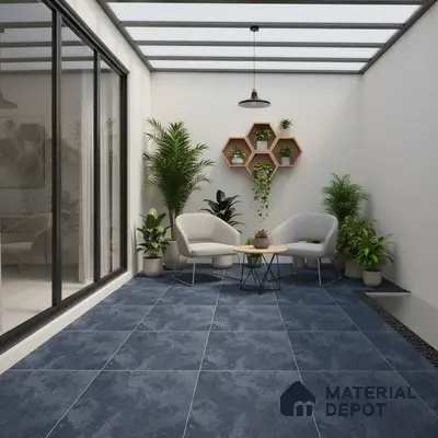 Modern balcony with navy blue stone-look floor tiles and minimalist planters