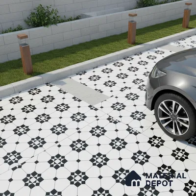 Modern parking with black-and-white geometric patterned floor tiles