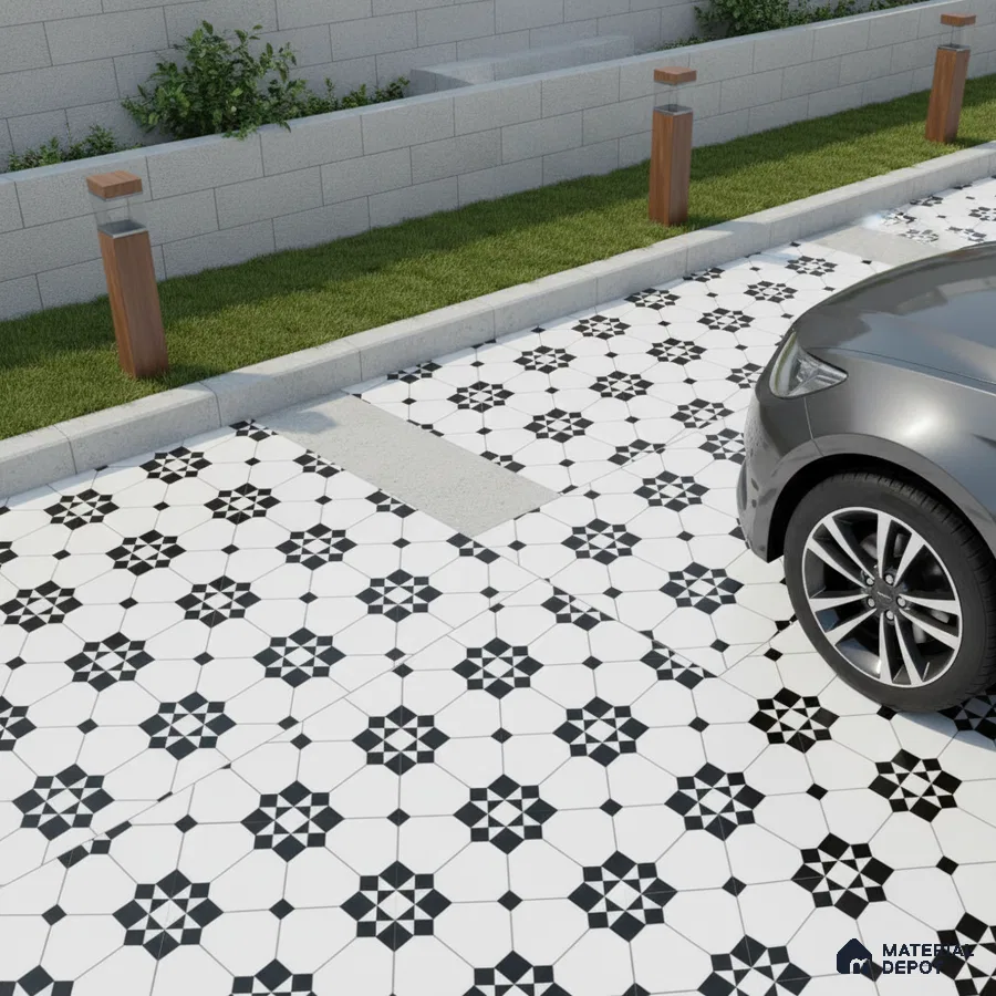 Modern parking with black-and-white geometric patterned floor tiles