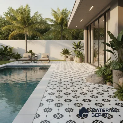 Modern outdoor poolside with black-and-white geometric patterned floor tiles