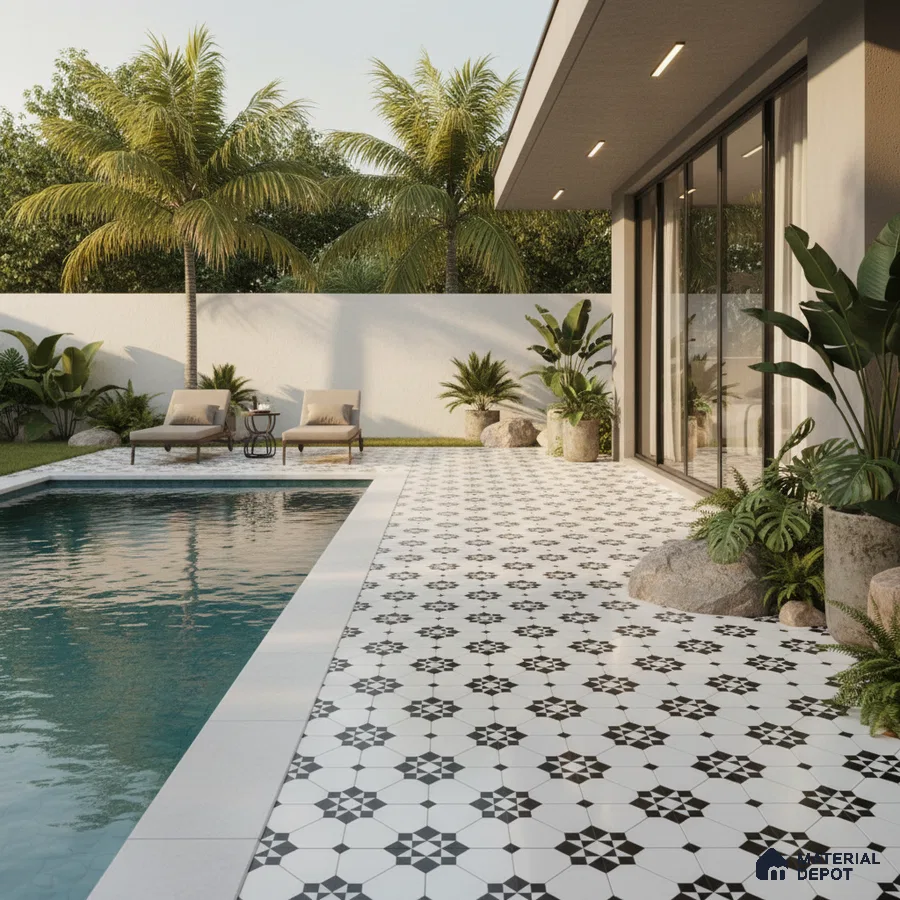 Modern outdoor poolside with black-and-white geometric patterned floor tiles