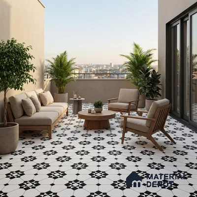 Scandinavian balcony with geometric black-and-white patterned floor tiles and natural wood furniture