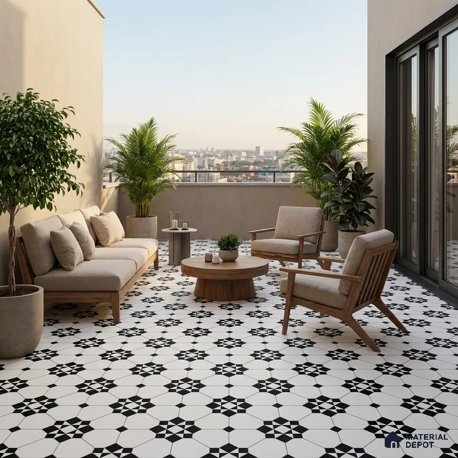Scandinavian balcony with geometric black-and-white patterned floor tiles and natural wood furniture