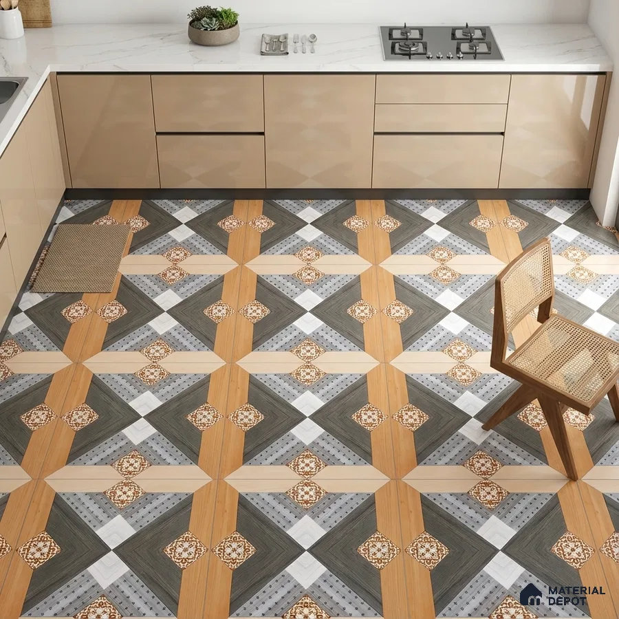 Modern kitchen with beige high gloss laminate cabinets, white marble countertop, and geometric patterned floor tiles