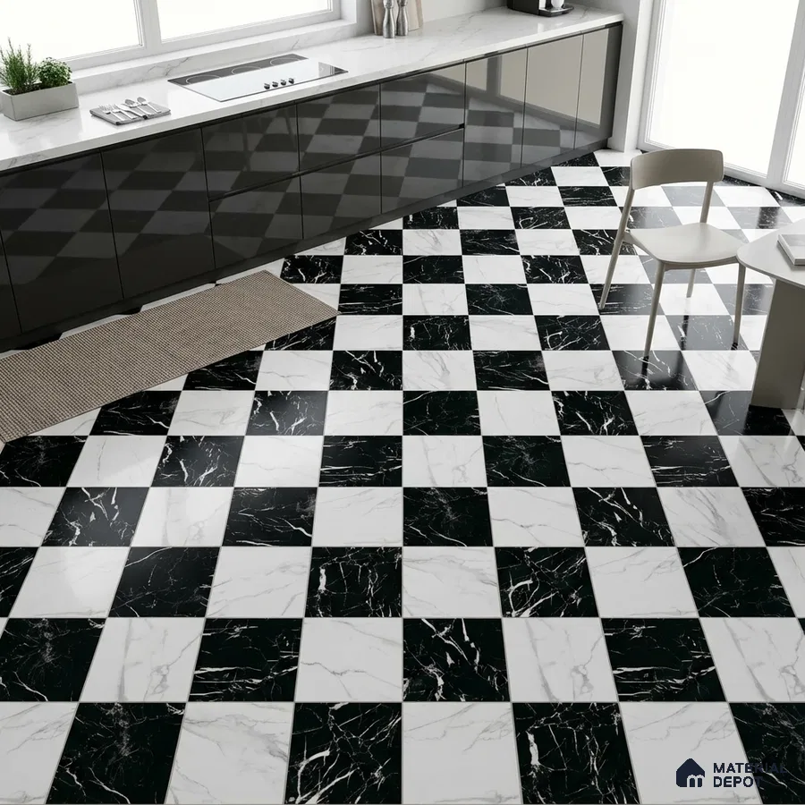 Modern kitchen with black and white marble checkerboard floor tiles and glossy grey laminate cabinets