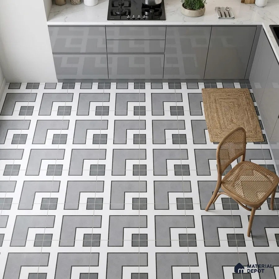 Modern kitchen with grey high gloss laminate cabinets, white quartz countertop, and geometric patterned floor tiles