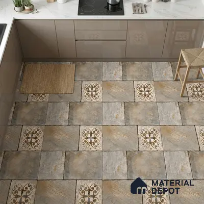 Modern kitchen with taupe glossy laminate cabinets, white marble-look countertop, and rustic patterned floor tiles