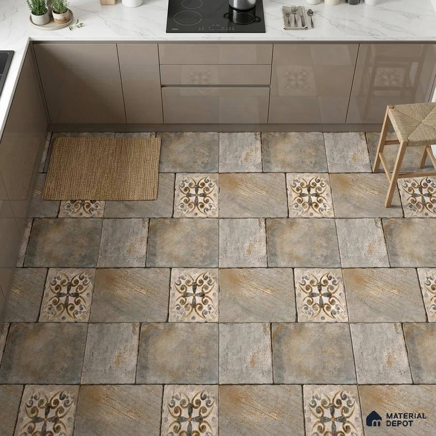 Modern kitchen with taupe glossy laminate cabinets, white marble-look countertop, and rustic patterned floor tiles