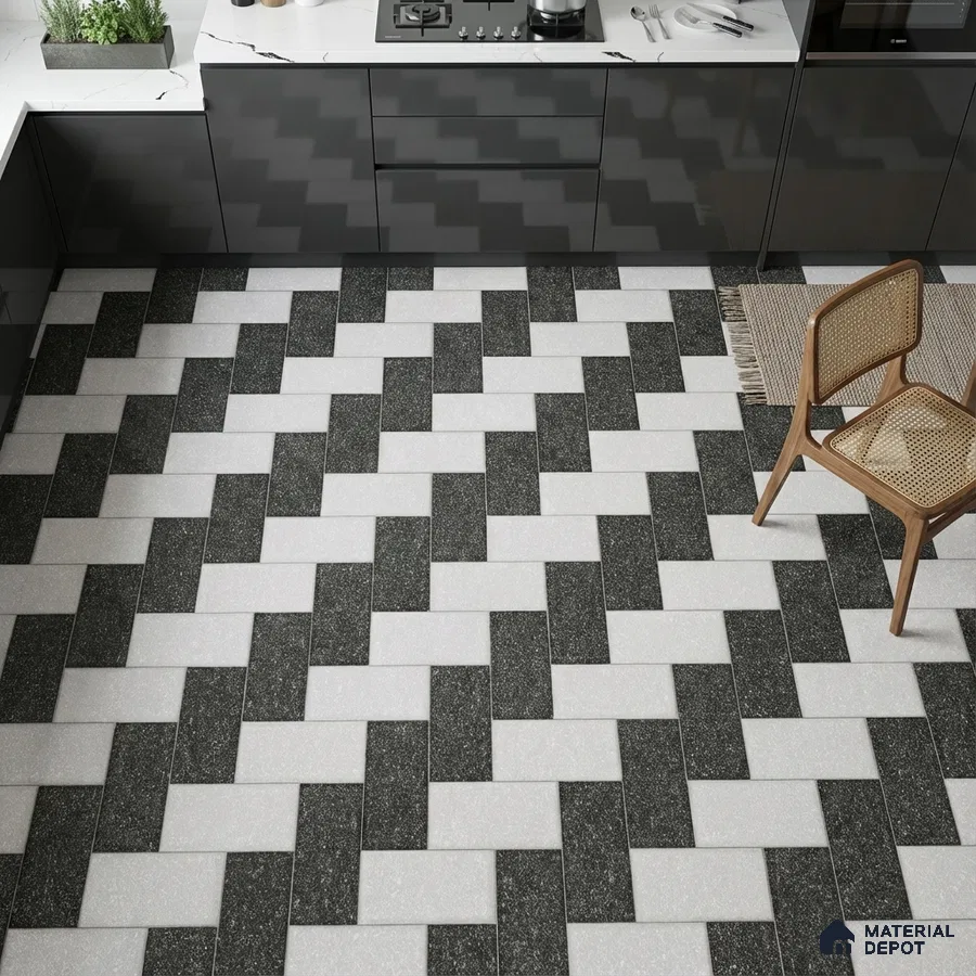 Modern kitchen with glossy grey laminate cabinets, white marble countertop, and black-and-white geometric floor tiles
