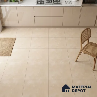 Modern kitchen with glossy beige laminate cabinets, white marble countertop, and matte beige floor tiles
