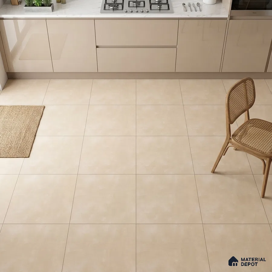 Modern kitchen with glossy beige laminate cabinets, white marble countertop, and matte beige floor tiles