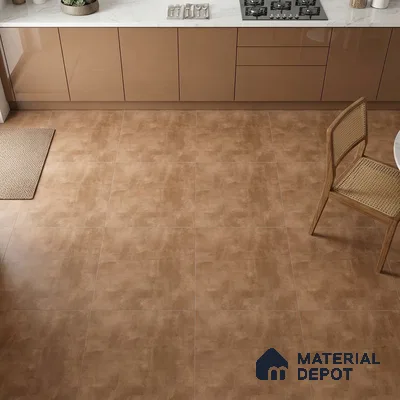 Modern kitchen with glossy cappuccino laminate cabinets and matte brown stone-look floor tiles