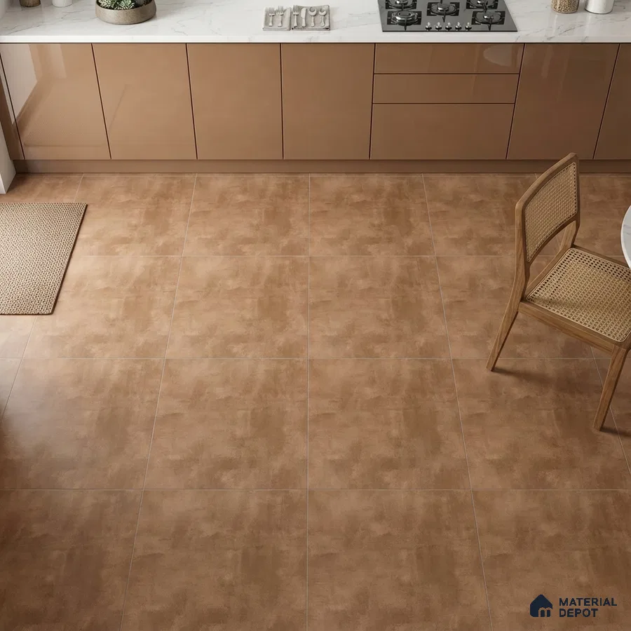Modern kitchen with glossy cappuccino laminate cabinets and matte brown stone-look floor tiles