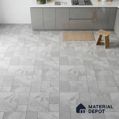 Modern kitchen with grey high gloss laminate cabinets and light grey patterned stone floor tiles