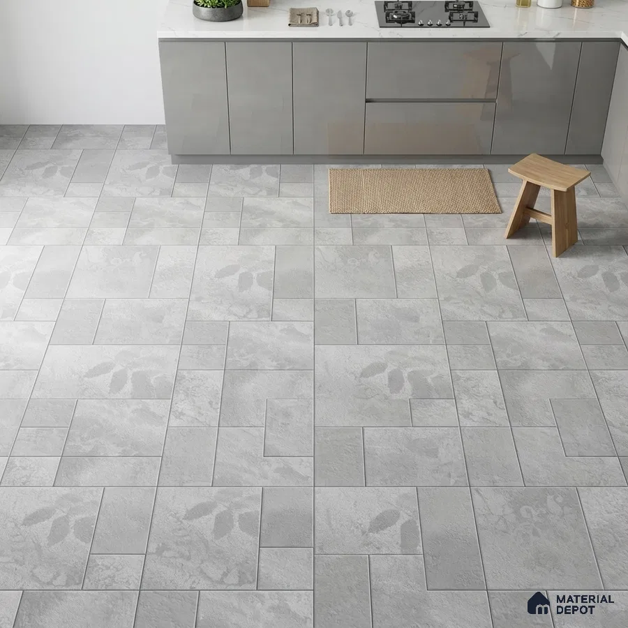 Modern kitchen with grey high gloss laminate cabinets and light grey patterned stone floor tiles