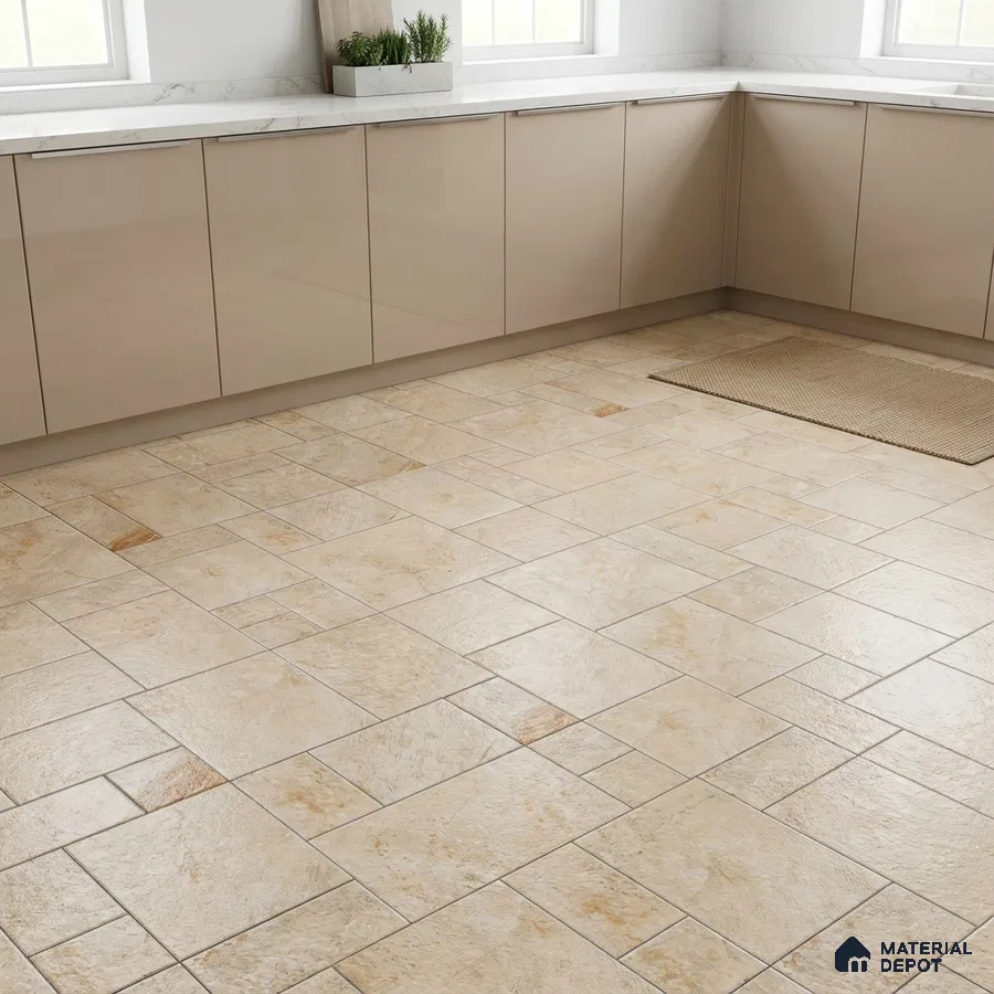 Modern kitchen with beige high gloss laminate cabinets and stone-look beige floor tiles