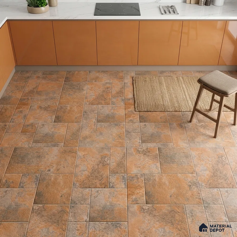 Modern kitchen with glossy terracotta laminate cabinets and rustic stone-look floor tiles