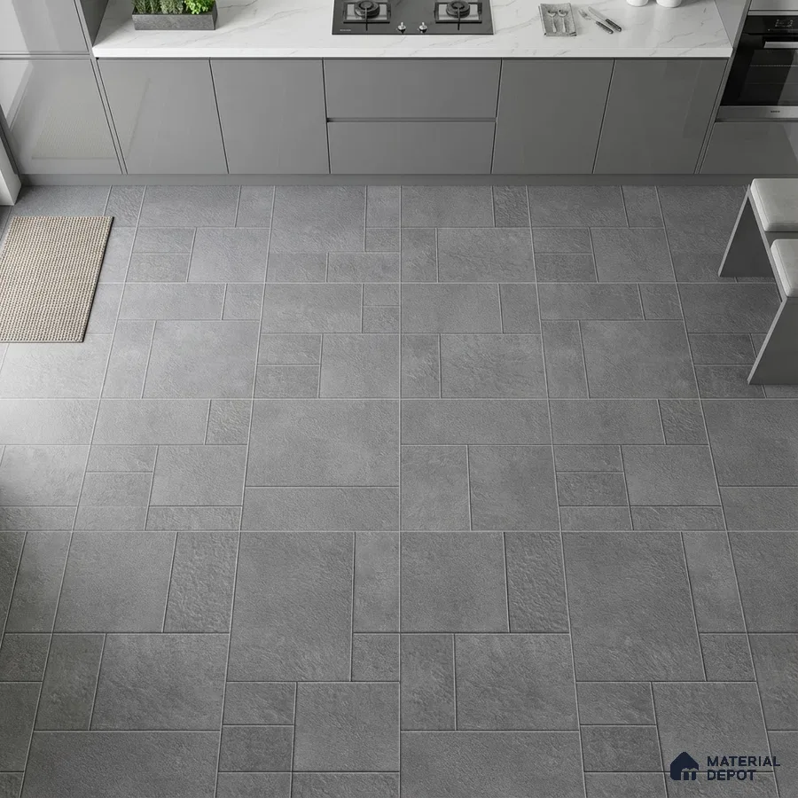 Modern kitchen with grey matte laminate cabinets, white marble-look countertop, and ash grey stone floor tiles
