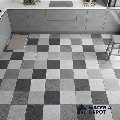 Modern kitchen with grey high gloss laminate cabinets, white marble countertop, and black-and-grey checkerboard floor tiles
