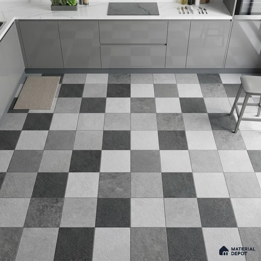 Modern kitchen with grey high gloss laminate cabinets, white marble countertop, and black-and-grey checkerboard floor tiles
