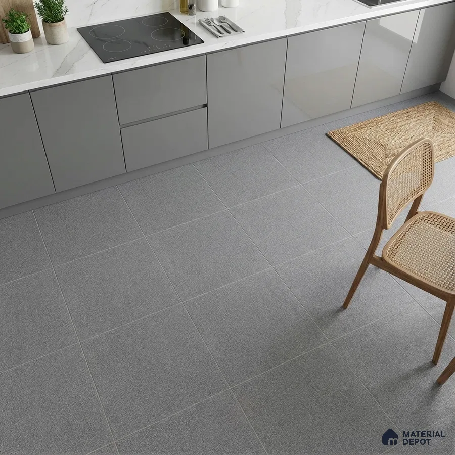 Modern kitchen with grey high gloss laminate cabinets, white marble-look countertop, and matte grey floor tiles