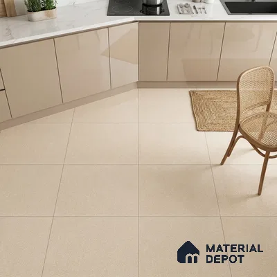 Modern kitchen with beige high gloss laminate cabinets and white marble countertop