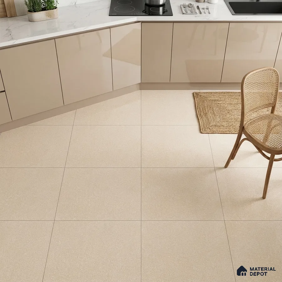 Modern kitchen with beige high gloss laminate cabinets and white marble countertop