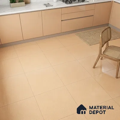 Modern kitchen with glossy beige laminate cabinets and matte beige floor tiles