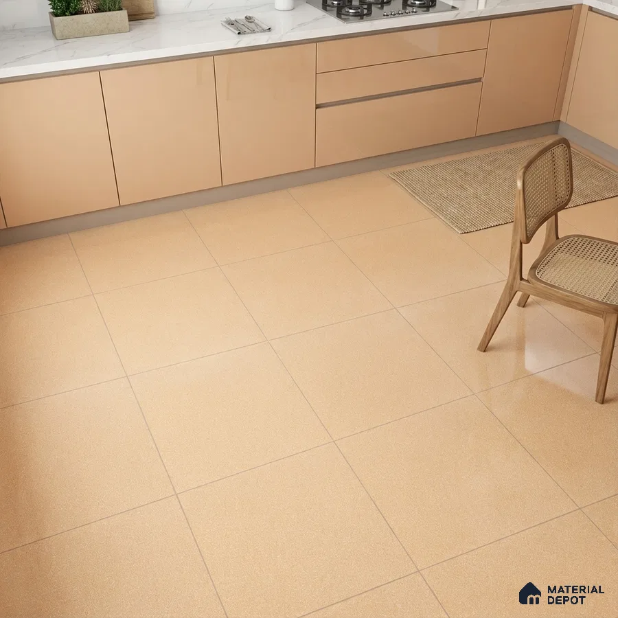 Modern kitchen with glossy beige laminate cabinets and matte beige floor tiles