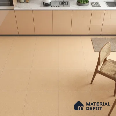 Modern kitchen with beige high gloss laminate cabinets and cream matte floor tiles