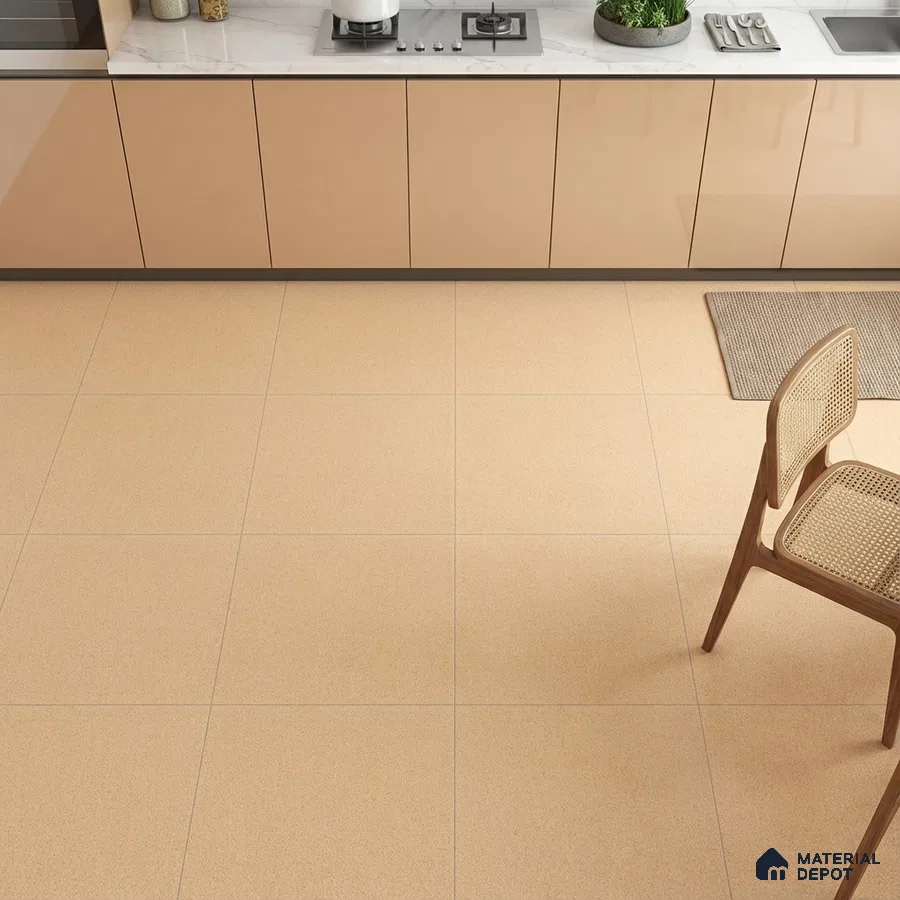 Modern kitchen with beige high gloss laminate cabinets and cream matte floor tiles