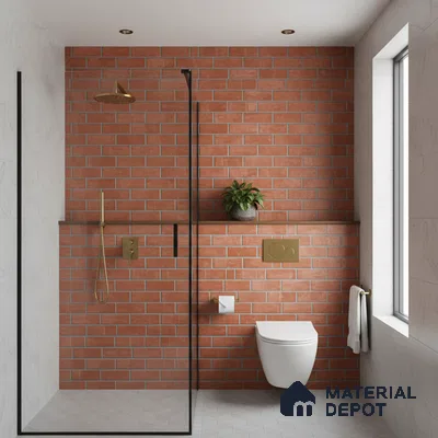 Modern bathroom with terracotta brick look wall tiles and white marble look floor tiles