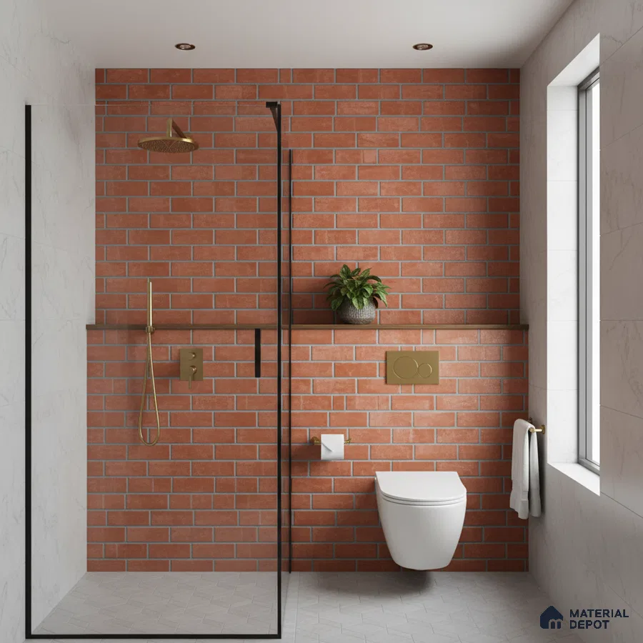 Modern bathroom with terracotta brick look wall tiles and white marble look floor tiles