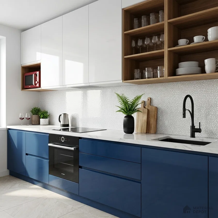 Modern dual tone kitchen with blue high gloss laminate, white laminate, and white quartz countertop