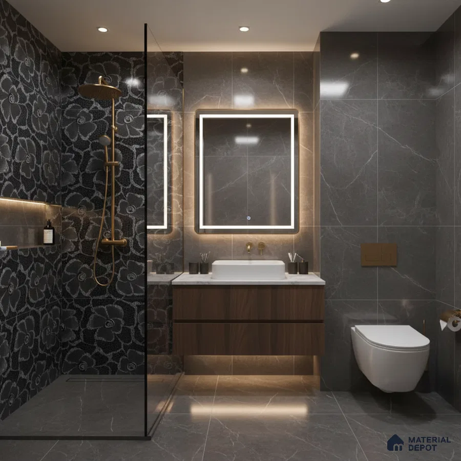 Modern bathroom with floral black highlighter wall tile, grey marble wall and floor tiles, and walnut wood vanity