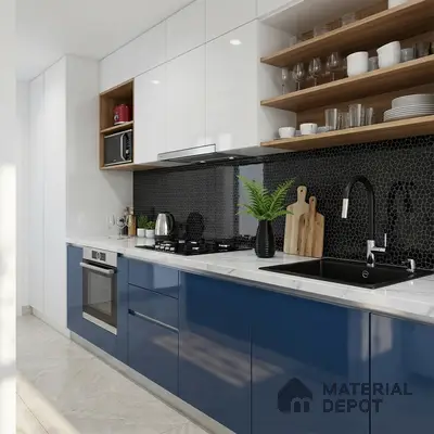 Modern dual tone kitchen with blue and white high gloss laminate, black hexagonal backsplash tile, and white quartz countertop