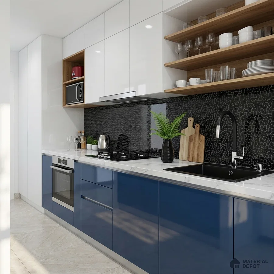 Modern dual tone kitchen with blue and white high gloss laminate, black hexagonal backsplash tile, and white quartz countertop