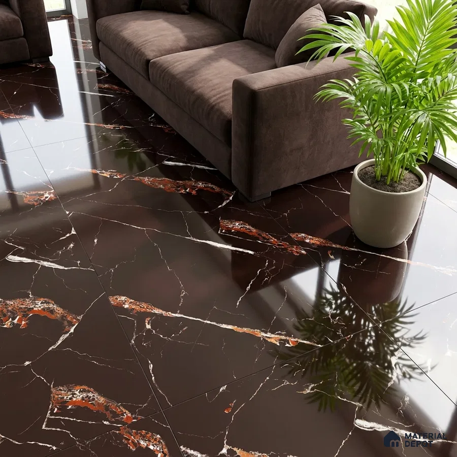 Modern living room with glossy dark brown marble floor tiles and velvet sofa