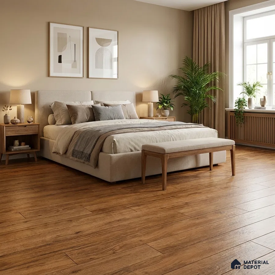 Scandinavian bedroom with natural oak wooden flooring and beige upholstered bed