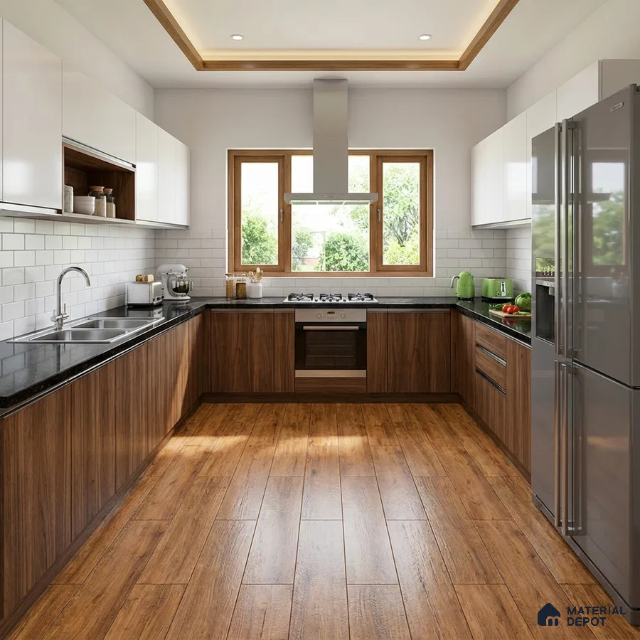 Modern kitchen with walnut wood laminate, white solid laminate, black granite countertop, and subway tile backsplash