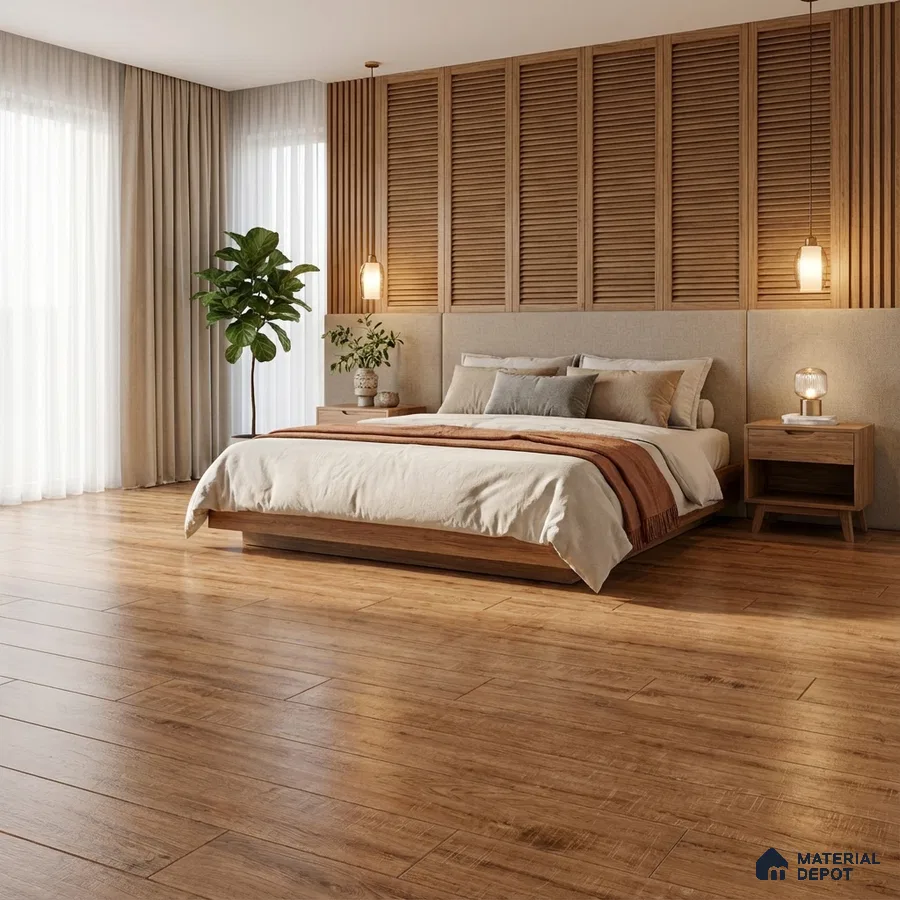 Japandi bedroom with oak wood flooring, beige fabric headboard, and vertical wood louver wall panels