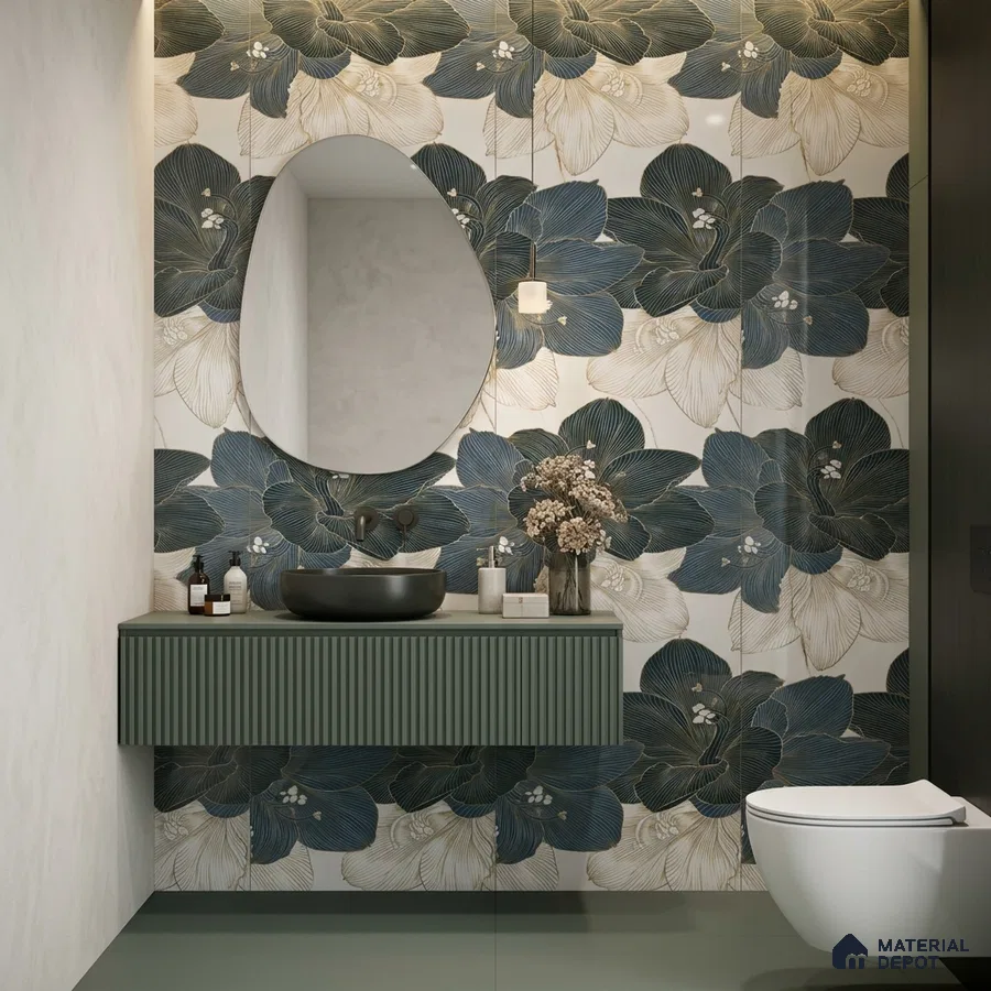 Modern bathroom with floral highlighter wall tiles and sage green fluted vanity